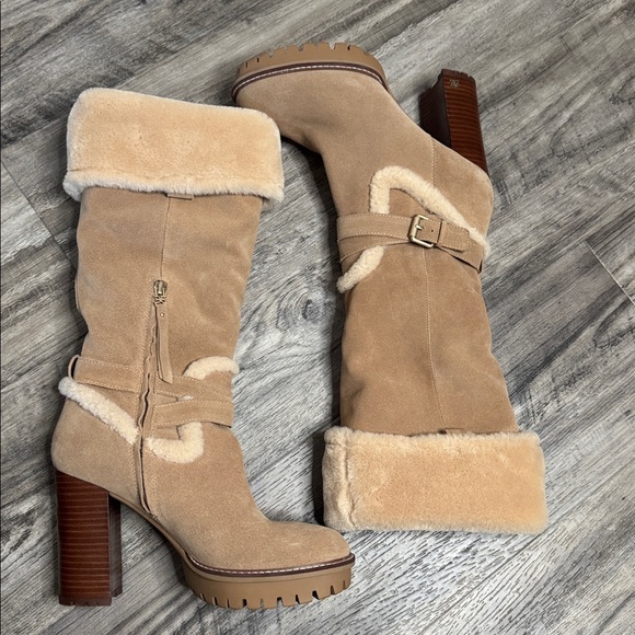 NWOB Sam Edelman Suede Sherling Detail Platform Tan Beige Knee High Size 9 - Picture 8 of 12